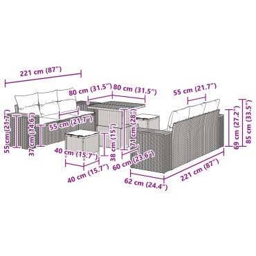 vidaXL Σετ Καναπέ Κήπου 9 Τεμαχίων με Μαξιλάρια Μπεζ Φυσικό Ρατάν