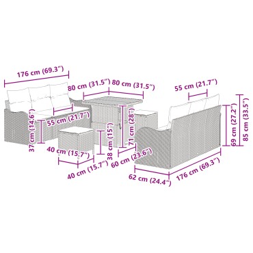 vidaXL 9 Τεμαχίων Σετ Καναπέ Κήπου με Μαξιλάρια Γκρι Πολυ Ρατάν