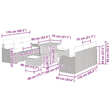 Σετ Καναπέ Κήπου 9 τεμαχίων με Μαξιλάρια Γκρι Πολυ Ρατάν Ακακία, 2-θέσιος Καναπές Κήπου με Μαξιλάρια Γκρι Πολυ Ρατάν, 3 τεμαχίων Σετ Εστίασης Κήπου με Μαξιλάρια Γκρι Πολυ Ρατάν Ακακία