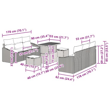 vidaXL 9 Τεμαχίων Σετ Καναπέ Κήπου με Μαξιλάρια Γκρι Πολυ Ρατάν Ακακία