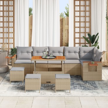 vidaXL 9 Τμήμα Σαλονιού Κήπου με Μαξιλάρια Μπεζ Poly Rattan Acacia