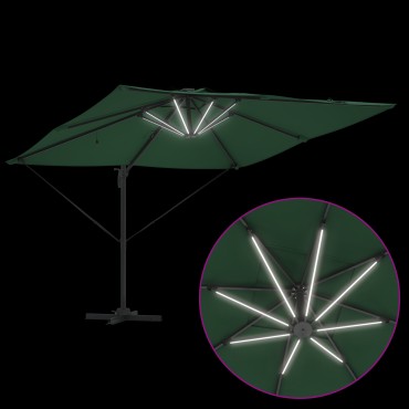 vidaXL Ομπρέλα με Βραχίονα Ρομα με LED Πράσινη 286x285x270 εκ Αλουμίνιο