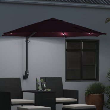 vidaXL Ομπρέλα Κήπου Τοίχου με LEDs Μπορντώ 248 εκ.