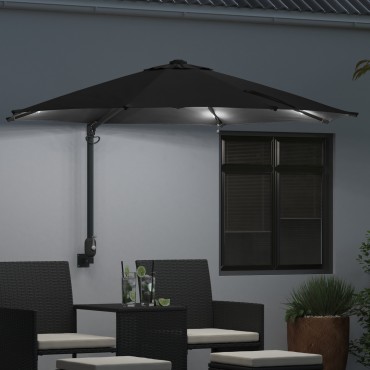vidaXL Ομπρέλα Κήπου Τοίχου με LED Μαύρη 248 εκ.