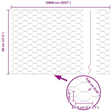 vidaXL Φράχτης Εξαγώνου Ασημί 0,8x100 μ Γαλβανισμένος χάλυβας
