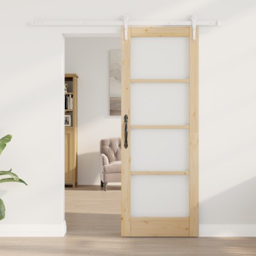 Συρόμενη Πόρτα με Σετ Εξαρτημάτων vidaXL 73.5x198.5 cm Μασίφ Ξύλο Πεύκου, Εσωτερική Πόρτα με Γυαλί 'ORKDAL'73.5x198.5x4 cm Μασίφ Ξύλο Πεύκου