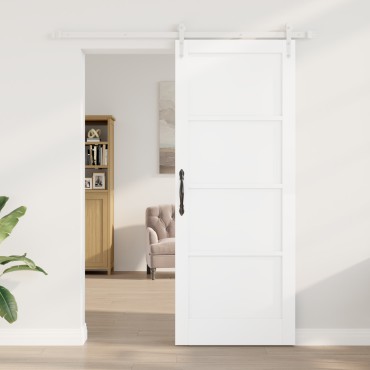 vidaXL Συρόμενη Πόρτα με Σετ Αξεσουάρ Λευκή 83x211 εκ. Συμπαγές Ξύλο Πεύκου
