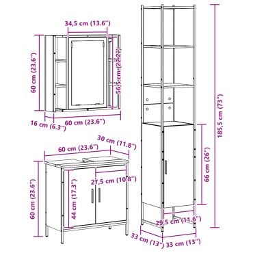 Ντουλάπα Νιπτήρα Μπάνιου vidaXL Μαύρο Δρυ 60x30x60cm Επεξεργασμένο Ξύλο, Ντουλάπα Μπάνιου vidaXL Μαύρο Δρυ 33x33x185.5cm Επεξεργασμένο Ξύλο