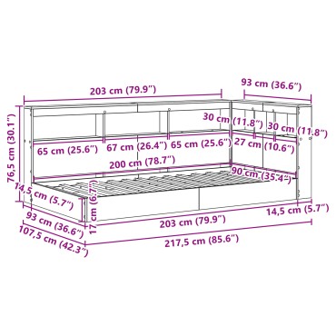 vidaXL Κρεβάτι Βιβλιοθήκης Σονόμα Οξιά 90x200 εκ Επεξεργασμένο Ξύλο