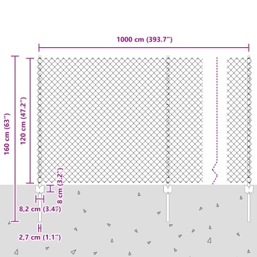 vidaXL Φράχτης Σχοινιού με 20 U Πόδια Γκρι 1.2x10 μ Χάλυβας