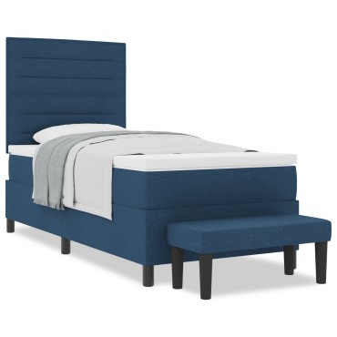 vidaXL Box Spring Bed με Στρώμα & Πάγκο Μπλε 90x190 εκ. Ύφασμα
