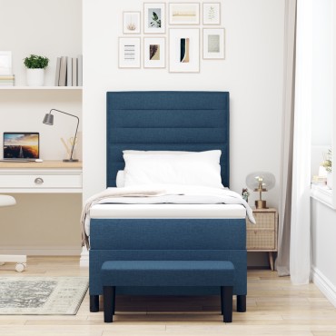 vidaXL Box Spring Bed με Στρώμα & Πάγκο Μπλε 90x190 εκ. Ύφασμα