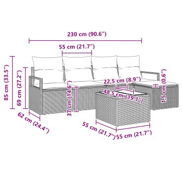 vidaXL 6 Τεμαχίων Σετ Καναπέ Κήπου με Μαξιλάρια Γκρι Πολυ Ρατάν