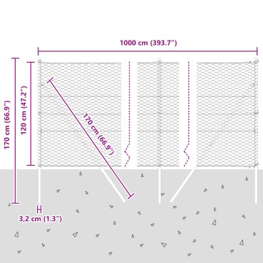 Περίφραξη vidaXL Έξιγωνη Γκρι 1.2x10 m Ατσάλι, Πόστες περίφραξης vidaXL 7 τεμ Γκρι 32 mm 170cm Γαλβανισμένο Ατσάλι