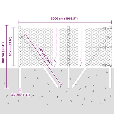 Φράχτης Hexagon vidaXL Γκρι 0.6x50 μ Ατσάλι, Στύλοι Φράχτη vidaXL 13 τμχ Πράσινοι 32 χιλ 100cm Γαλβανισμένο Ατσάλι