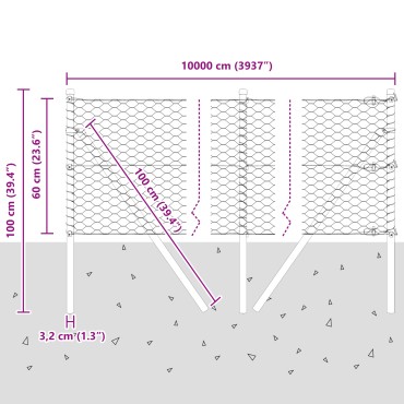 Φράχτης Hexagon vidaXL Γκρι 0.6x100 μ Χάλυβας, Στύλοι Φράχτη vidaXL 13 τεμ Πράσινοι 32 χιλ 100cm Γαλβανισμένος Χάλυβας