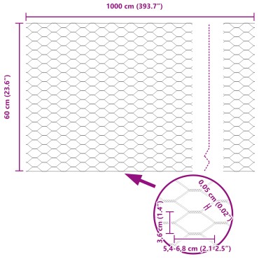 vidaXL Εξάγωνη Περίφραξη 0.6x10 m Γαλβανισμένο Ατσάλι
