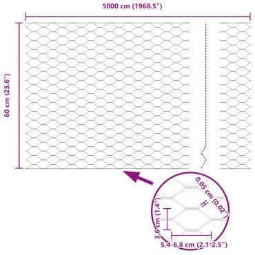 vidaXL Εξάγωνος Φράχτης 0.6x50 μ Γαλβανισμένος Χάλυβας