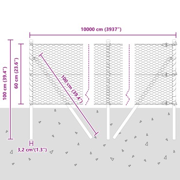 φράχτης Hexagon 0.6x100 μ Γαλβανισμένο Ατσάλι, στύλοι φράχτη vidaXL 13 τμχ 32 μμ 100cm Γαλβανισμένο Ατσάλι