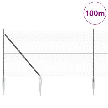 Φράκτης Hexagon vidaXL Γκρι 1.4x100 m Χάλυβας, Στύλοι Φράχτη vidaXL με Σφήνα 13 τμχ 32 mm 160cm Γαλβανισμένος Χάλυβας