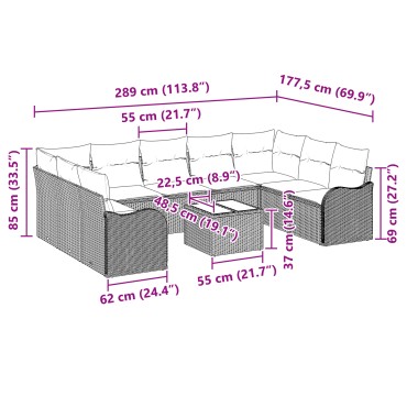 vidaXL Σετ Καναπέ Κήπου 9 Τμχ με Μαξιλάρια Γκρι Πολυ Ρατάν