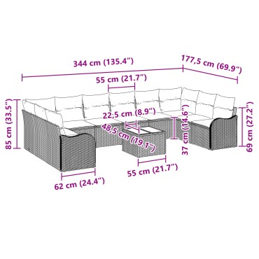 vidaXL Σετ Καναπέ 10 Τεμαχίων με Μαξιλάρια Γκρι Πολυ Ρατάν