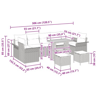 vidaXL Σετ Καναπέ Γκίτζη 10 Τεμαχίων με Μαξιλάρια Μαύρο Πολυ Ρατάν Ακακία