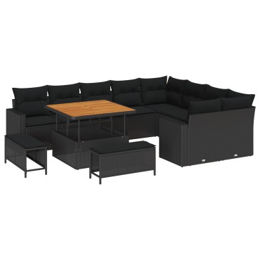 vidaXL 12 Τεμαχίων Σετ Καναπέ Κήπου με Μαξιλάρια Μαύρο Πολυ Ράταν Ακακία