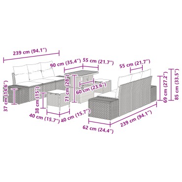 vidaXL 9 Τεμαχίων Σετ Καναπέ Κήπου με Μαξιλάρια Γκρι Πολυ Ρατάν Ακακίας
