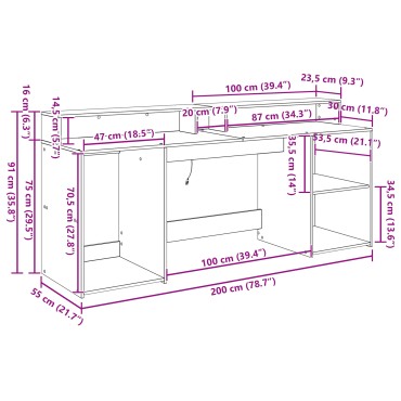 vidaXL Γραφείο Μαύρη Δρυς 200x55x91cm Επεξεργασμένο Ξύλο 1 τεμ.