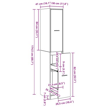 vidaXL Ντουλάπι Αποθήκης Μαύρης Δρυός 30x41x174.5cm Κατασκευασμένο Ξύλο 1 τεμ.