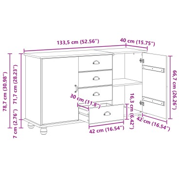 vidaXL Μπουφές "ASKIM" 133,5x40x79cm Μασίφ ξύλο πεύκου 1 τεμ.