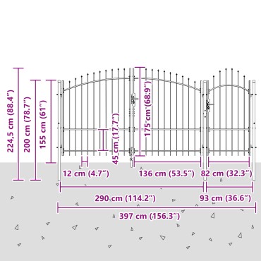 vidaXL Πόρτα Κήπου με Άκρες Σπαθιού Γκρι 175x400 εκ Σίδερο