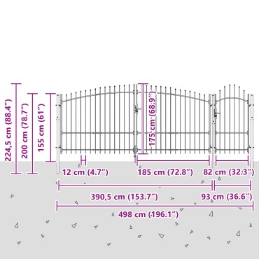 vidaXL Πύλη Κήπου με Αιχμές Γκρι 175x500 εκ Χάλυβας