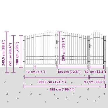 vidaXL Πύλη Κήπου με Κορυφή Ακίδας Γκρι 195x500 εκ Σιδερέας