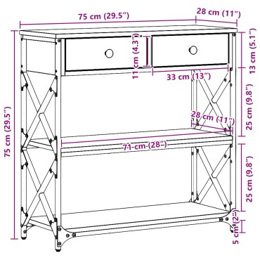 vidaXL Τραπέζι κονσόλας Μαύρη Δρυς 75x28x75cm Κατασκευασμένο ξύλο και ατσάλι 1 τεμ.