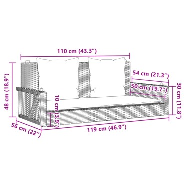 vidaXL Παγκάκι Κούνιας με Μαξιλάρια Γκρι 119x56x48cm από Συνθετικό Ρατάν 1 τεμ.