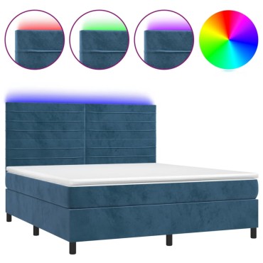 vidaXL Κρεβάτι Boxspring με Στρώμα & LED Σκ. Μπλε 160x200εκ. Βελούδινο