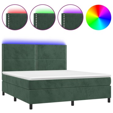 vidaXL Κρεβάτι Boxspring με Στρώμα & LED Σκ. Πράσινο 160x200εκ Βελούδο