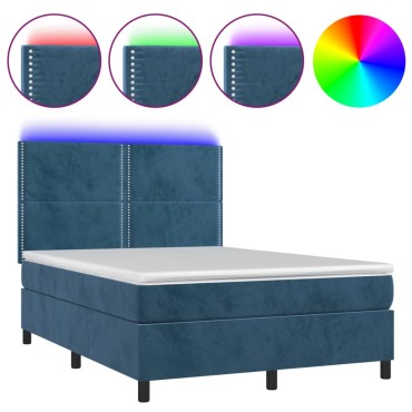 vidaXL Κρεβάτι Boxspring με Στρώμα & LED Σκ. Μπλε 140x200εκ. Βελούδινο