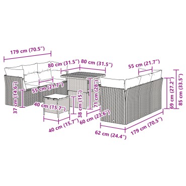 vidaXL 9 Piece Καναπές Κήπου με Μαξιλάρια Γκρι Πολυεπίστρωτο Ρατάν Acacia