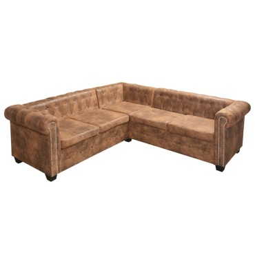 vidaXL Γωνιακός Καναπές Chesterfield 5 Θέσεων Καφέ από Συνθετικό Δέρμα 205x205x73cm