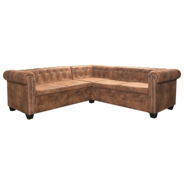 vidaXL Γωνιακός Καναπές Chesterfield 5 Θέσεων Καφέ από Συνθετικό Δέρμα 205x205x73cm