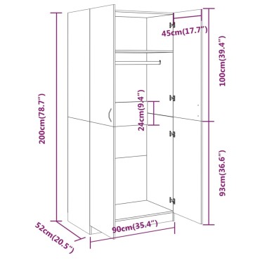vidaXL Ντουλάπα Καφέ Δρυς 90x52x200cm από Επεξεργασμένο Ξύλο 1 τεμ.