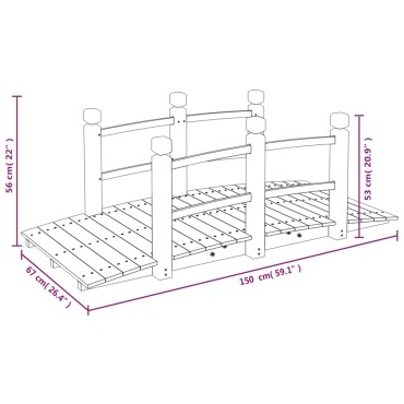 vidaXL Γέφυρα Κήπου με Κάγκελα 150x67x56 εκ. Μασίφ Ξύλο Ερυθρελάτης