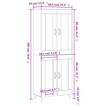 vidaXL Ντουλάπι Λευκό 69,5x34x180cm από Επεξεργασμένο Ξύλο 1 τεμ.