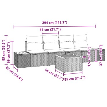 vidaXL Σετ σαλονιού 5 τεμαχίων με μαξιλάρια μαύρο πολυ ρατάν ακακίας
