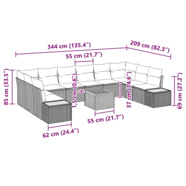 vidaXL 11 Τεμάχια Σαλονιού Κήπου με Μαξιλάρια Μαύρο Πολυ Ρατάν Ακακία