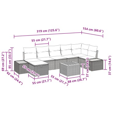 vidaXL Σετ 8 Τεμαχίων Καναπέ Κήπου με Μαξιλάρια Μαύρο Πολυαθητικό Ρατάν