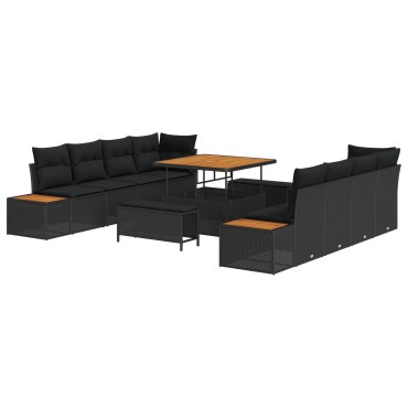vidaXL 11 κομμάτια Καναπές Κήπου με Μαξιλάρια Μαύρο Πολυ Ρατάν Ακακία